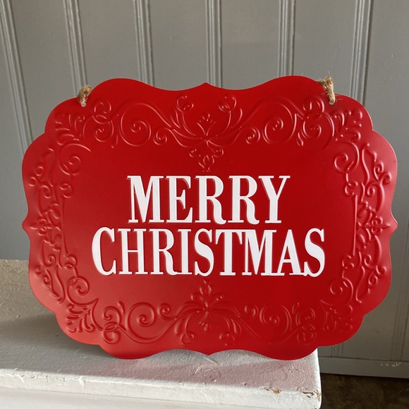 NWT Beautiful Holiday Red & White Merry Christmas Embossed Metal Decoration Sign - Picture 3 of 12